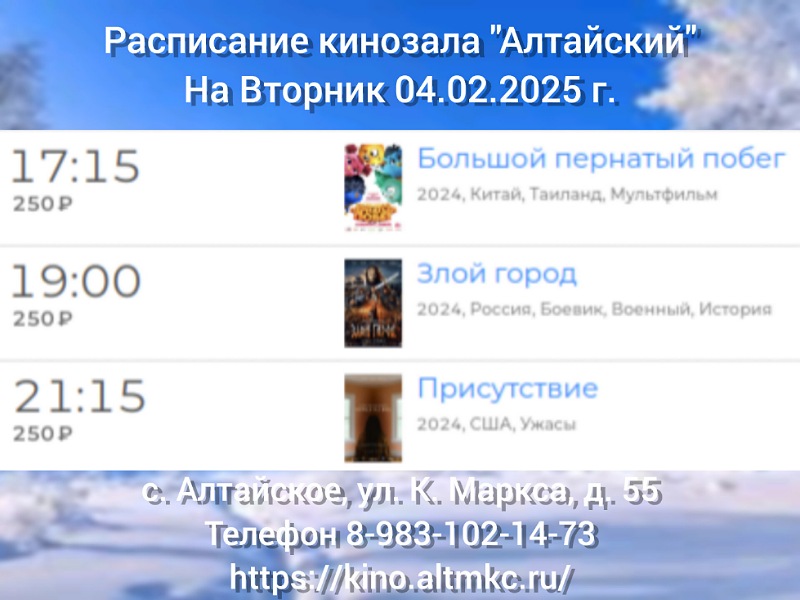 Расписание кинозала в с.Алтайское на 04.02.2025.